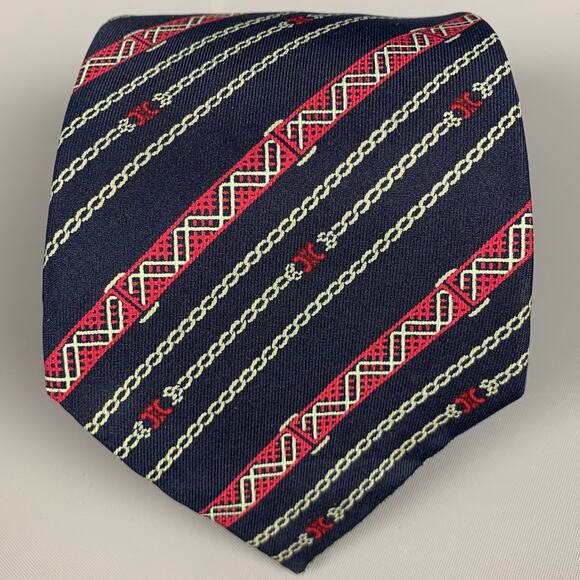 CELINE Navy Red Diagonal Stripe Silk Tie - Picture 1 of 5